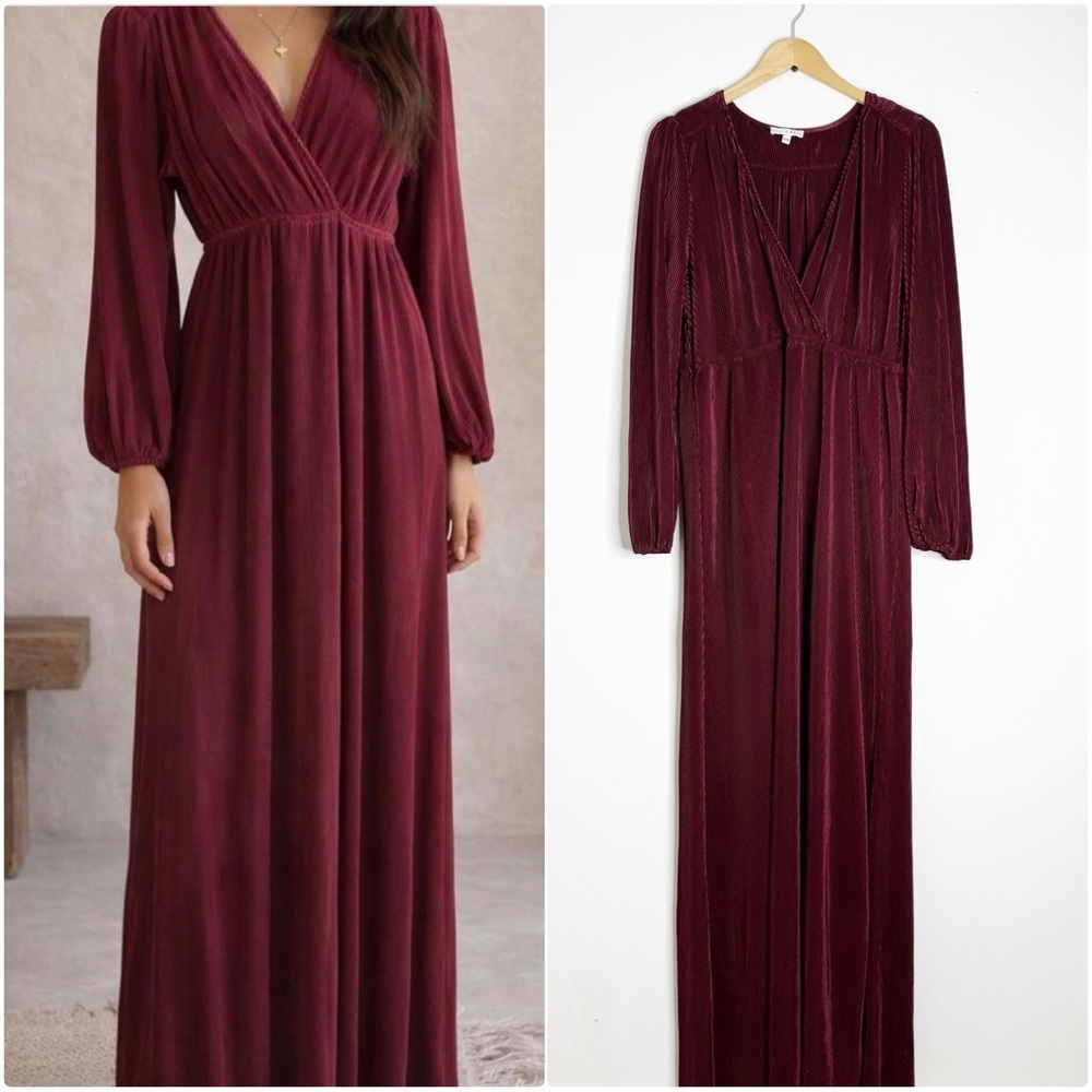 Baltic Born Pleated Maxi Dress Burgundy Long Sleeve Empire Waist XXXL